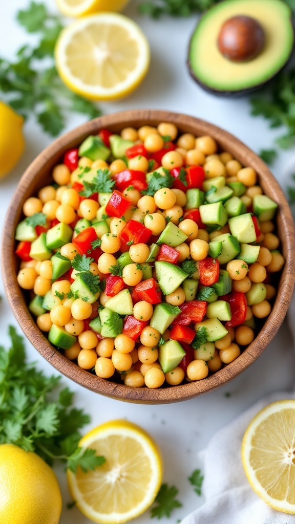 A vibrant vegan chickpea salad with bell peppers, cucumbers, avocado, and parsley in a wooden bowl.